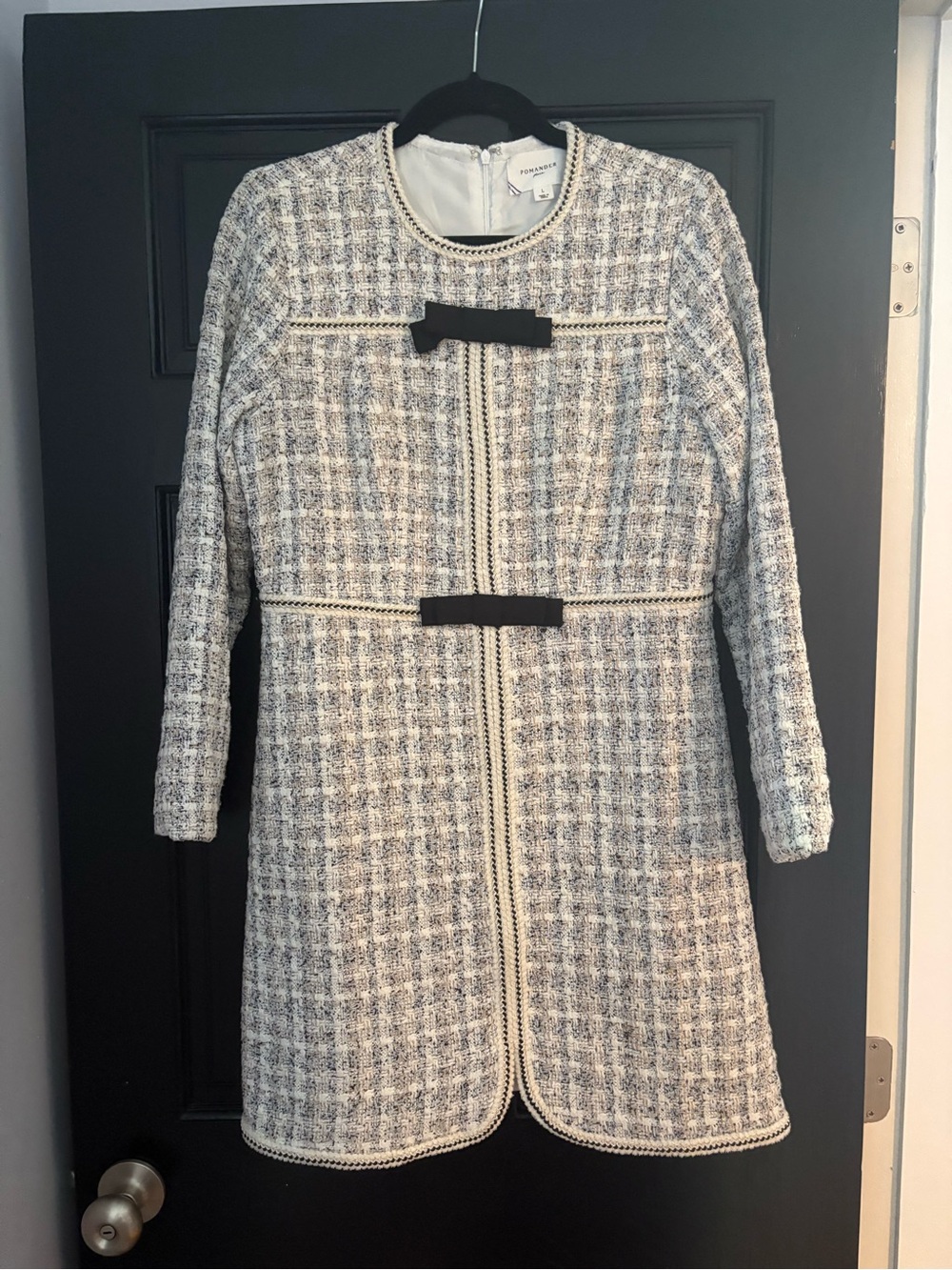 Tuckernuck Black and White Tweed Coat with Bow Trim